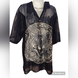 Trust Couture Collection semi sheer button up shirt with tiger design